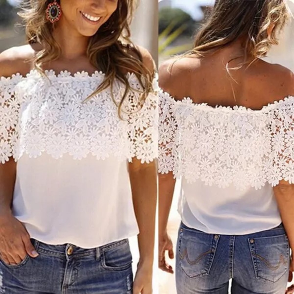 Crochet floral lace top off shoulder shirt white womens